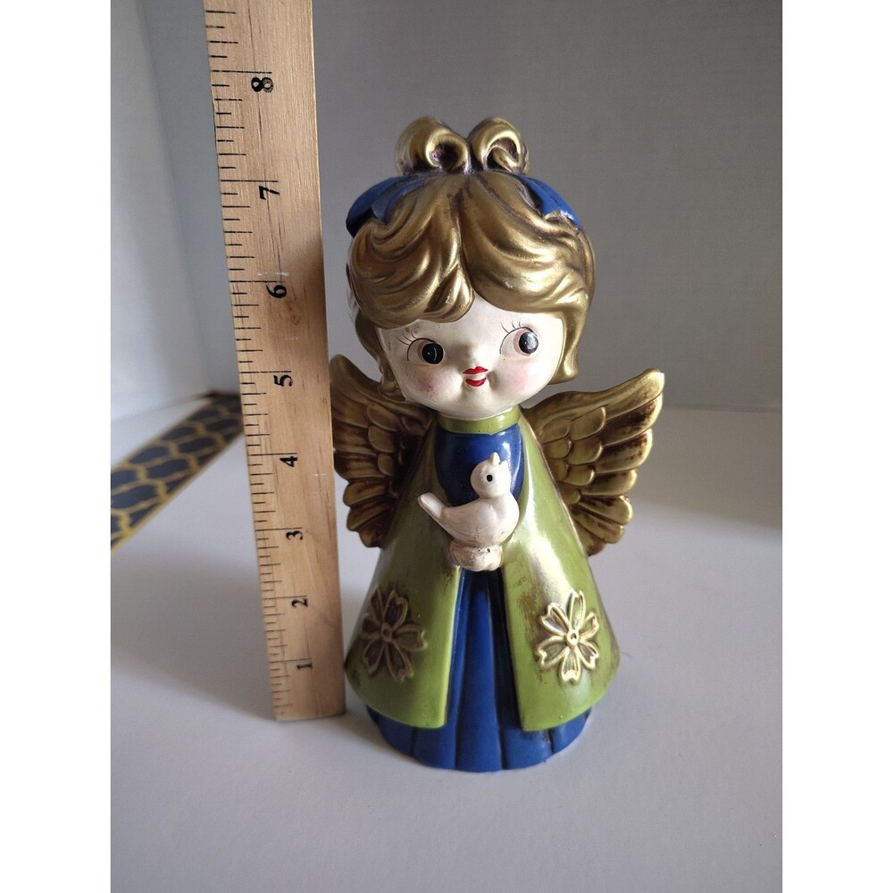 VTG HOLT HOWARD Chalkware Christmas Angel Green Blue Holding Bird Wings Japan 55 - Picture 13 of 14